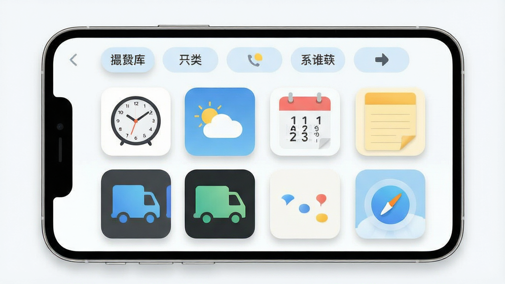 一张应用界面展示图,画面主体是一部手机屏幕,屏幕内呈现组件资源库列表界面,界面顶部有分类标签栏,下方以网格形式排列着时钟、天气、日历、便签等组件的预览卡片,卡片带有圆角边框与浅色阴影,整体界面风格简洁明快,配色以白色与淡蓝色为主,背景干净,画质清晰,无多余元素