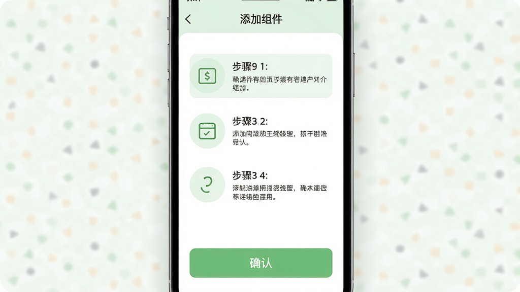 一张操作引导界面展示图,画面主体为手机屏幕,屏幕内显示添加组件的步骤引导页面,页面以编号形式列出三步操作说明,每步配有简洁图标,底部有醒目的确认按钮,界面风格清爽,配色以浅绿与白色为主,背景干净,排版整齐,画质清晰,无多余元素