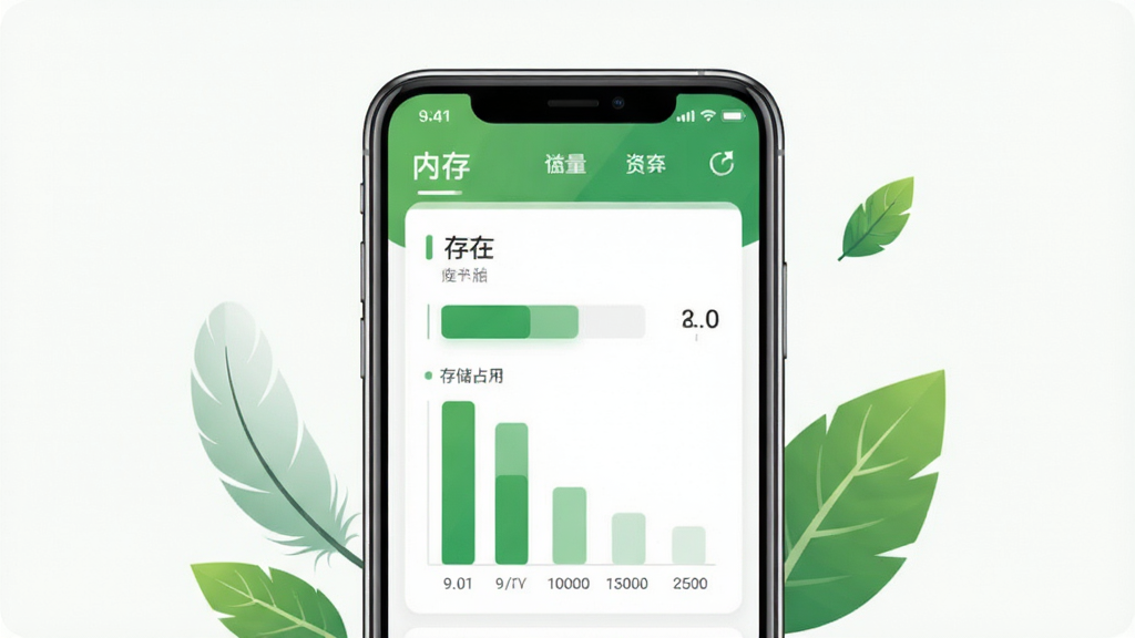 一张手机性能监控示意图,画面中央是一部手机,屏幕显示资源占用监控面板,面板上有内存与存储占用的简洁条形图,数值处于较低水平,手机旁边配有羽毛与绿叶的装饰图形,寓意轻量,整体风格清新,配色以绿色与白色为主,背景干净,画质清晰,无多余元素