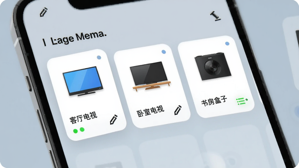 一部手机屏幕显示设备管理界面,界面上排列着三台电视的卡片式图标,分别标注着客厅电视、卧室电视、书房盒子等自定义名称,每张卡片旁边有编辑铅笔图标和连接状态指示灯,背景为柔和的浅灰蓝色,整体风格为现代卡片式UI设计,排版整齐有序,画质清晰细腻,无杂乱元素