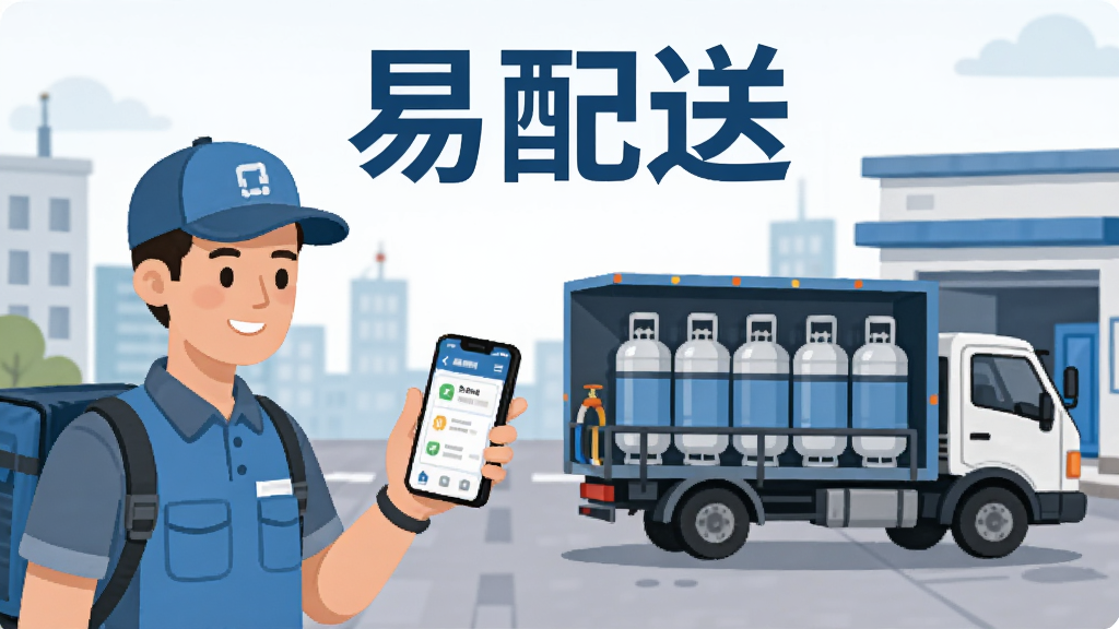 一幅展示易配送液化气配送场景的插画,画面左侧是配送员手持手机查看订单,右侧是一辆装载液化气瓶的配送车辆,背景为城市街道与配送站点,画面中央上方以醒目字体呈现“易配送”字样,整体风格扁平化商务插画,色彩以蓝灰为主调,细节清晰,画质干净,无多余元素