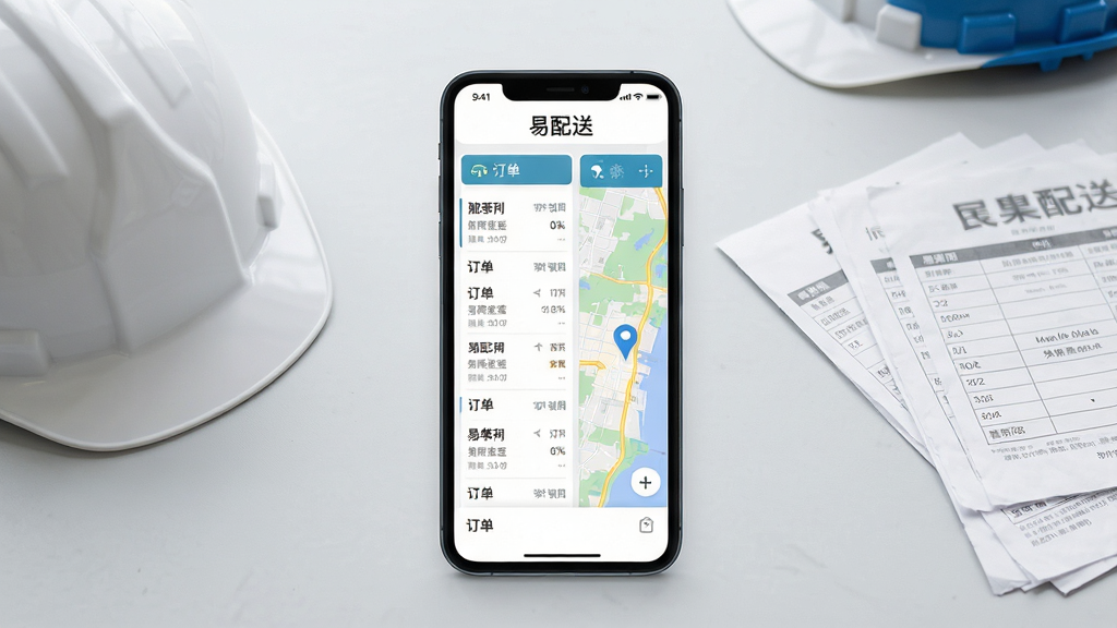 一张展示易配送软件主界面的手机应用截图,画面中央是一部竖屏智能手机,屏幕上显示订单列表与地图导航区域,顶部有“易配送”文字标识,背景为浅灰色工作台面,旁边放置一顶安全帽与配送单据,整体风格简洁商务,光线明亮柔和,画质清晰干净,无多余装饰元素