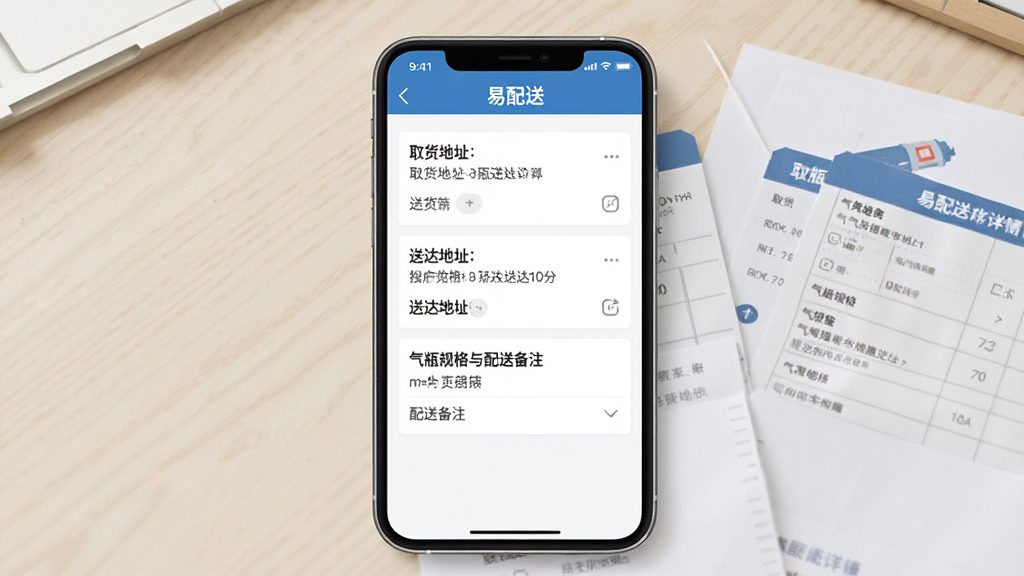 一张易配送软件订单详情页的手机界面展示图,画面为竖屏手机屏幕,显示取货地址、送达地址、气瓶规格与配送备注等信息,页面顶部有“易配送”标题栏,背景为浅色桌面与配送单据,风格简洁清晰,画质干净,无多余装饰