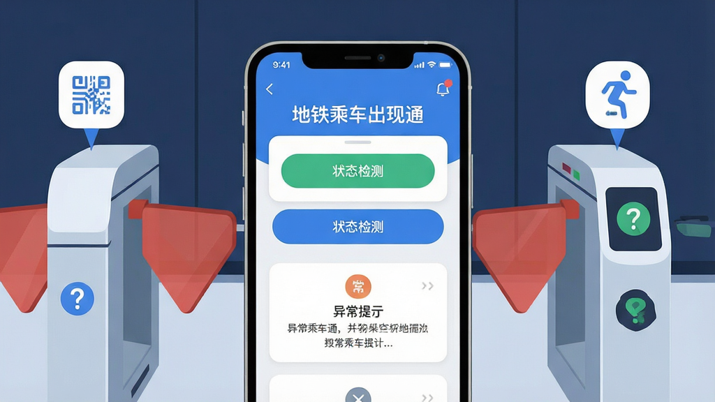 一张展示手机地铁乘车码异常检测界面的场景图,画面中央是一部竖屏智能手机,屏幕显示“地铁乘车出现通”应用主界面,界面上有状态检测按钮和异常提示卡片,手机周围环绕着地铁闸机、乘车码图标和问号提示符号,布局居中对称,风格为清爽扁平化科技风,细节包括蓝色主色调、圆角卡片、简洁图标,画质清晰干净,无多余元素
