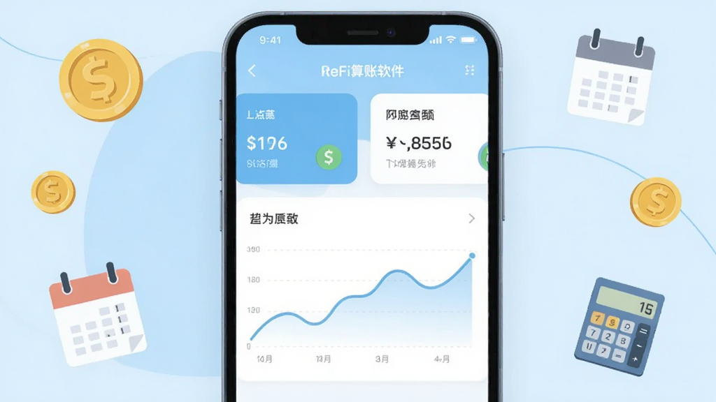 手机屏幕中央展示ReFi算账软件主界面,上方是简洁的财务数据卡片,下方是折线趋势图,整体采用浅蓝与白色配色,界面干净清爽,周围环绕金币、日历、计算器等小图标,扁平化插画风格,画面居中构图,细节清晰,画质干净,无多余元素