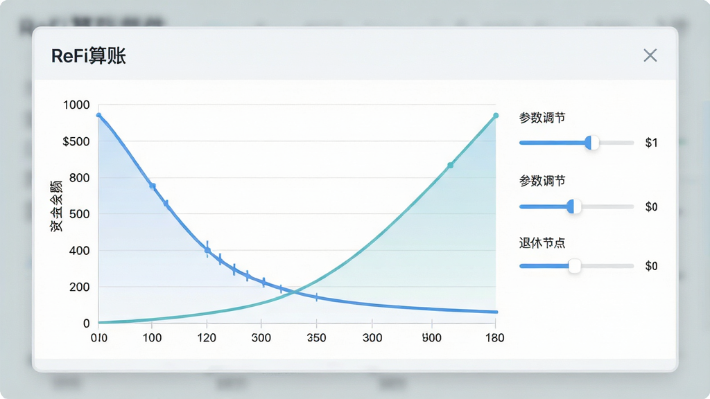 ReFi算账软件界面中展示一条平滑的现金流曲线,横轴为年龄刻度,纵轴为资金余额,曲线在退休节点前后呈现不同斜率,旁边有参数调节滑块,界面风格简洁现代,浅色背景,文字标注“ReFi算账”,画质清晰,干净无多余元素