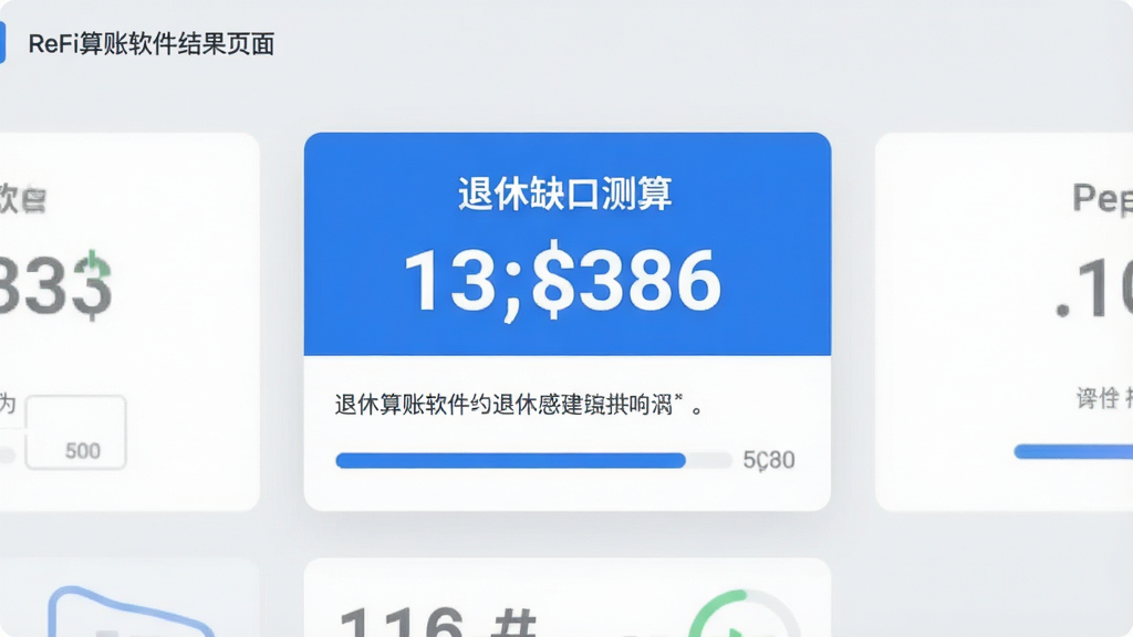 ReFi算账软件结果页面,中央显示一个醒目的数字卡片标注“退休缺口测算”,下方配有简短的文字说明和进度条,整体采用卡片式布局,浅灰背景,蓝色强调色,界面整洁,画质清晰,无多余装饰元素