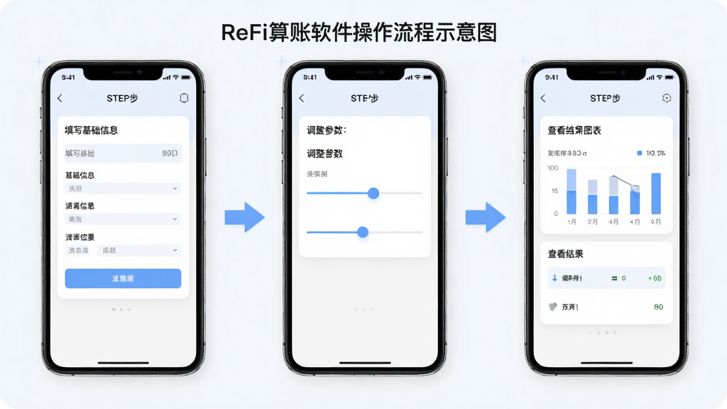 ReFi算账软件操作流程示意图,画面分为三个并列的手机界面,分别展示填写基础信息、调整参数滑块、查看结果图表三个步骤,界面风格统一为浅色卡片式,步骤之间用箭头连接,整体排版清晰,画质干净,无多余元素