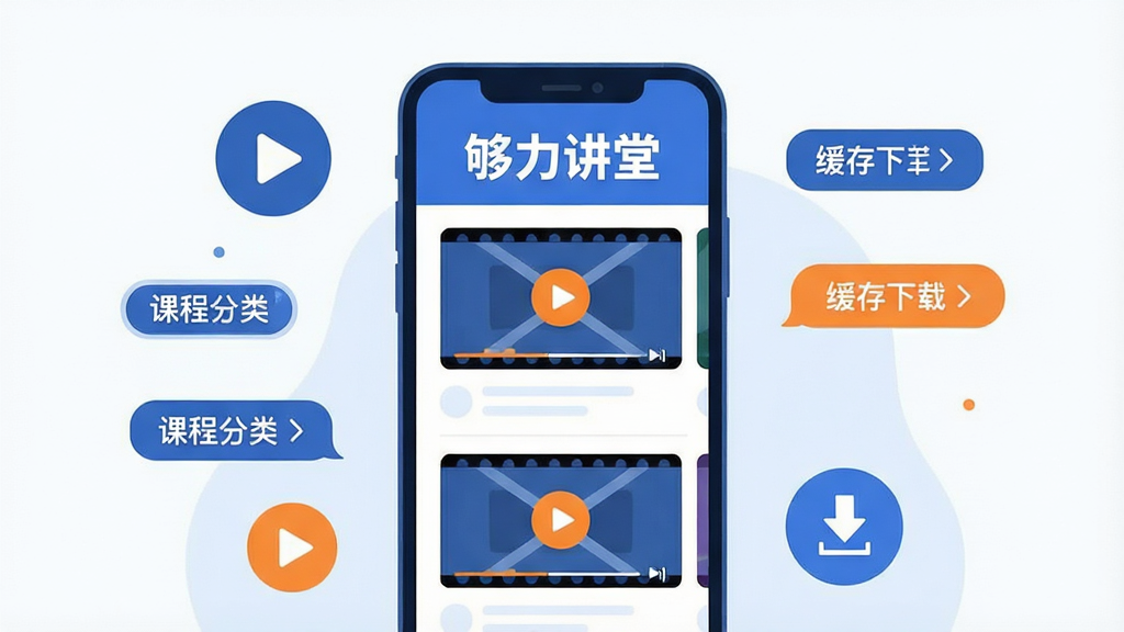 画面中央放置一部竖屏智能手机,手机屏幕上显示视频播放列表界面,界面顶部有“够力讲堂”文字标题,下方排列多个视频卡片缩略图,手机周围环绕播放按钮图标、课程分类标签、缓存下载箭头等元素,整体采用扁平化插画风格,配色以蓝白为主搭配少量橙色点缀,布局简洁居中,细节清晰干净,画质高清,无多余装饰元素