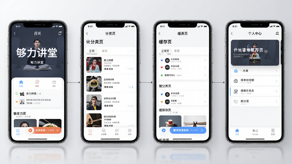 画面展示手机应用界面设计的四个并排屏幕示意图,每块屏幕分别呈现“够力讲堂”的首页、分类页、缓存页和个人中心页,屏幕之间用细线连接,整体采用UI设计展示风格,背景为浅灰色渐变,布局整齐横向排列,细节精致,画质高清,画面干净无多余装饰