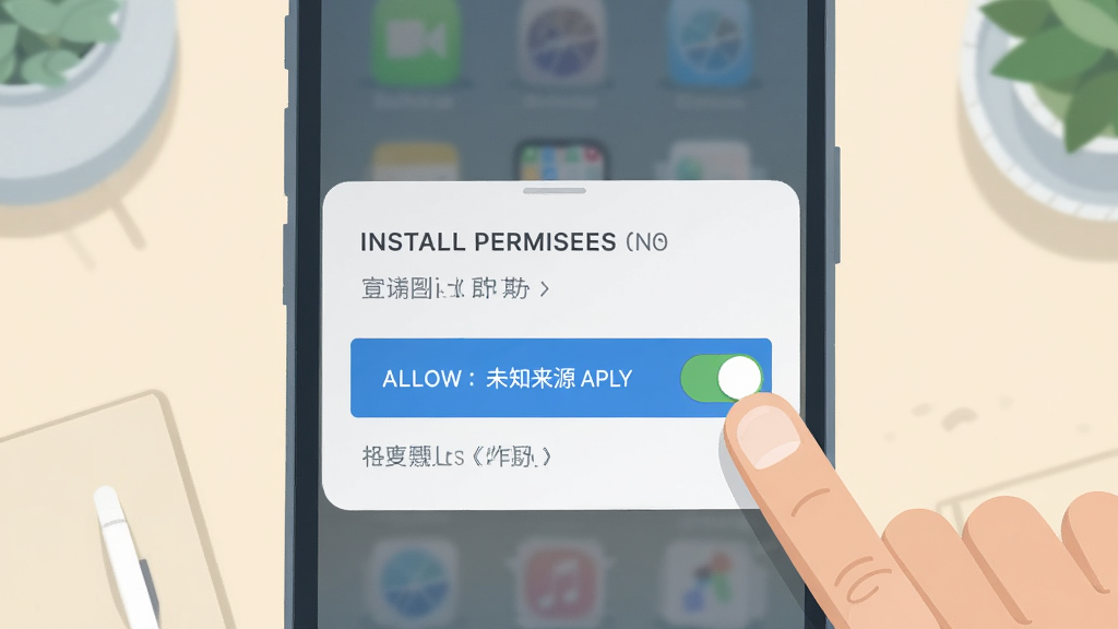 画面展示一部手机屏幕弹出安装权限设置界面,界面中高亮显示允许安装未知来源应用的开关按钮,旁边有手指点击动作示意,背景为简洁的浅色桌面环境,采用扁平化插画风格,布局清晰直观,配色以蓝灰为主,细节干净,画质高清,无多余元素