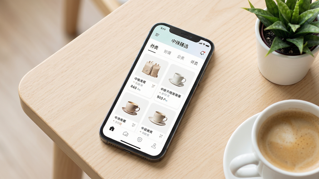 画面主体是一部智能手机,屏幕上清晰展示“中殊臻选”应用首页界面,包含精选商品卡片与分类导航栏;手机斜放在浅木色桌面上,旁边点缀一杯咖啡和一小盆绿植;布局采用居中构图,手机占画面视觉中心;排版简洁留白充足;整体风格为清新明亮的生活化产品摄影;细节上强调屏幕内UI的整洁与图标识别度,光影柔和自然;画质高清、干净、无多余元素