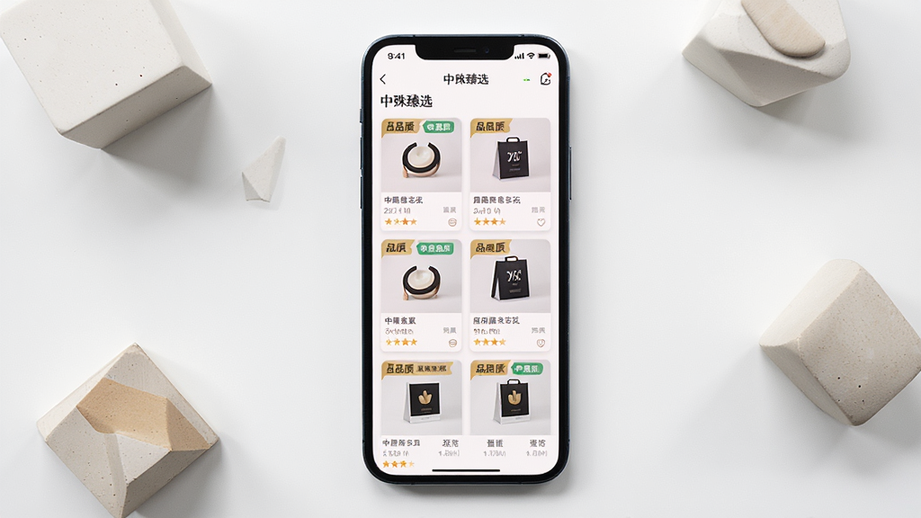 画面主体为“中殊臻选”应用内的商品甄选列表页,屏幕上呈现整齐排列的精选商品卡片,每张卡片带有清晰的品质标签;手机平放在白色桌面,周围散落几枚简约的几何装饰块;布局为俯拍视角,手机居中;排版干净有序;风格为现代简约的数码产品展示;细节突出卡片排布与标签识别;画质高清、干净、无多余元素
