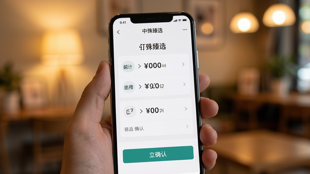 画面主体为“中殊臻选”应用内的订单确认页面,屏幕上显示清晰的步骤提示与确认按钮;手机被一只手轻握,背景为虚化的室内暖光环境;布局采用第一人称视角,手机位于画面中下部;排版突出界面元素的层次感;风格为贴近真实使用的场景化摄影;细节强调按钮与文字的可读性;画质高清、干净、无多余元素