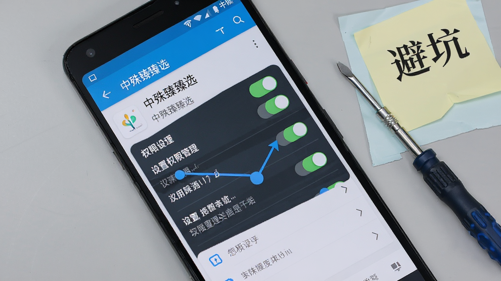 画面主体为一部安卓手机屏幕显示“中殊臻臻选”应用设置与权限管理界面,旁边放置一把小螺丝刀和一张写着“避坑”的便签纸;手机平放于浅灰色桌面,布局为俯视对角线构图;排版错落有致;风格为实用教程类配图;细节突出界面中的权限开关与提示文字;画质高清、干净、无多余元素