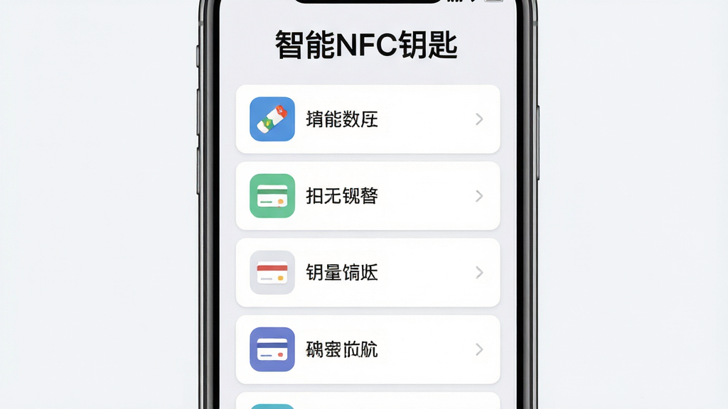 画面主体是一部手机屏幕展示卡片信息列表,屏幕中排列着多张卡片条目,每条包含卡片图标与名称文字,布局为居中纵向列表构图,排版整齐清晰,风格为简洁扁平UI风格,细节包括卡片缩略图标、信息条目分隔线、浅色背景,画质高清干净无多余元素,画面顶部标注文字