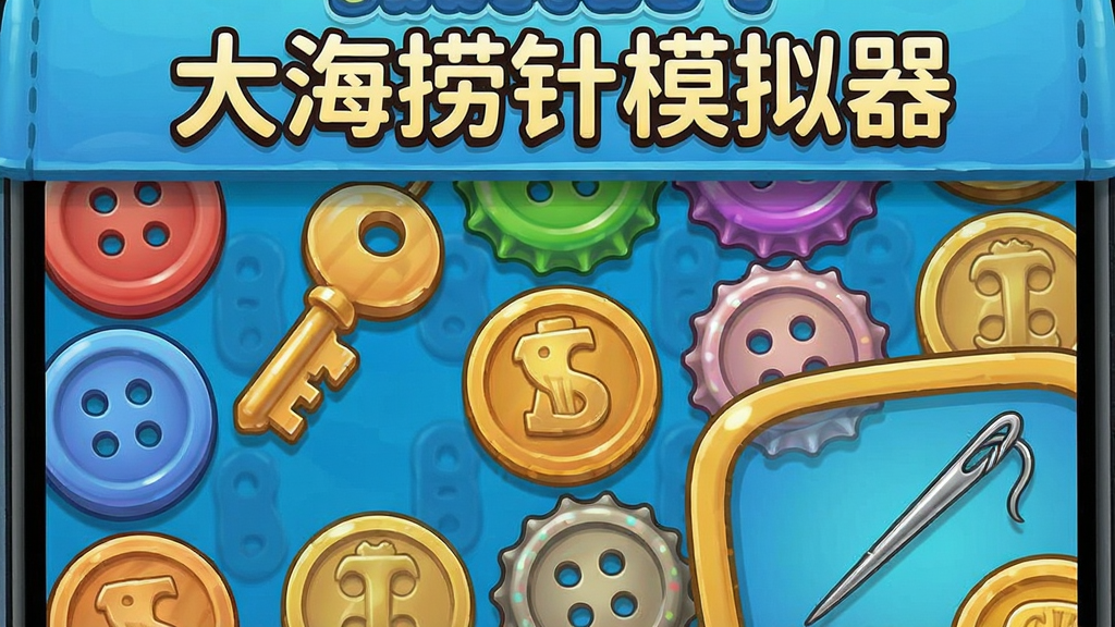 手机游戏界面特写,画面中布满各种彩色小物件图标,如纽扣、钥匙、瓶盖、硬币等,其中一根细小的缝衣针藏在画面右下角区域,界面顶部有
