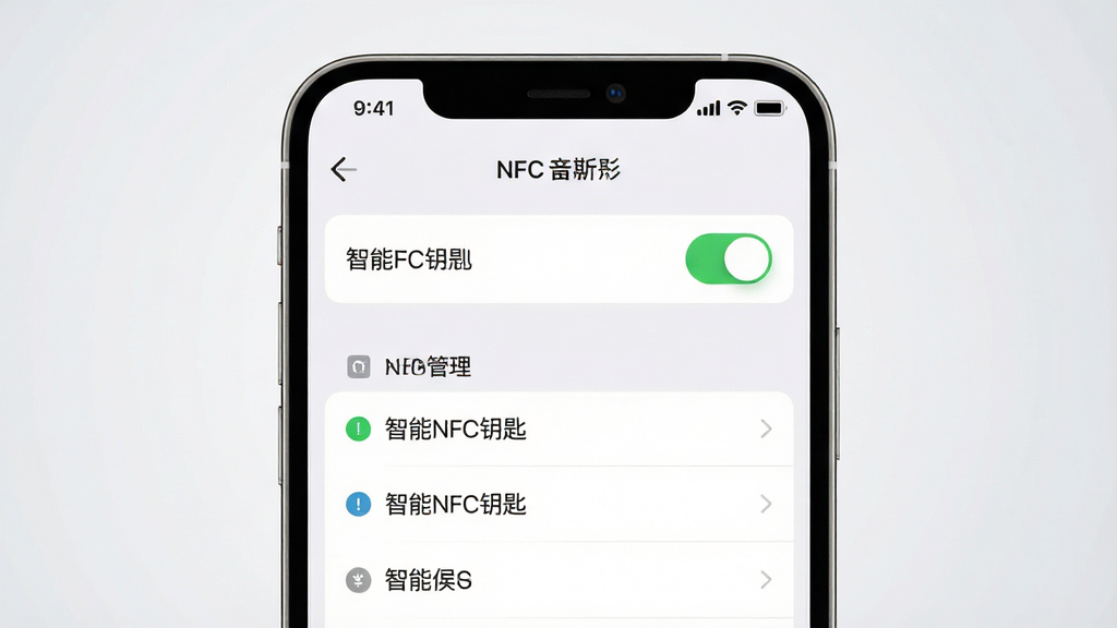 画面主体是一部手机屏幕显示NFC设置与权限管理界面,界面中包含开关按钮与权限列表,布局为居中手机特写构图,背景为浅灰渐变,排版突出设置项,风格为简洁科技UI风格,细节包括绿色开关、权限条目、提示图标,画质高清干净无多余元素,画面中界面内标注文字