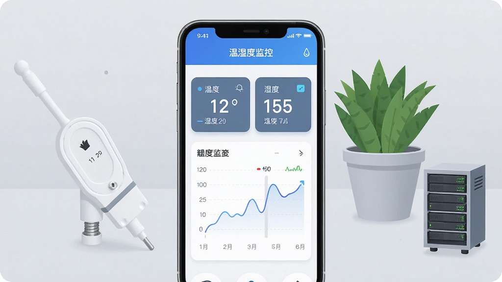 画面中央放置一部智能手机,手机屏幕上显示“温湿度监控”软件的数据仪表盘界面,包含温度数值、湿度数值与折线趋势图;手机左侧摆放一个白色温湿度传感探头,右侧放置一盆绿植与一台小型服务器机柜;背景为浅灰色简洁桌面,整体采用扁平化科技风格,细节清晰,光线柔和,画质干净,无多余元素