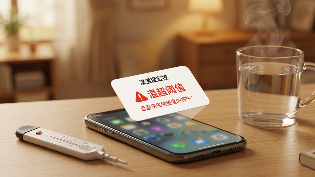 一部手机放置在桌面上,屏幕弹出“温湿度监控”的报警提醒弹窗,弹窗内显示温度超出阈值的警示图标与红色提示文字,手机旁边有一个温度计和一杯冒热气的水,背景为暖色调室内环境,风格写实,画质干净,构图简洁