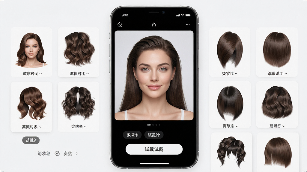 一张每妆软件发型试戴功能展示图,画面主体为手机屏幕内的女性头像与多款发型模板并列对比,布局为左右分栏展示不同发型效果,排版整齐,风格为清爽美妆科技风,细节包含发型缩略卡片、对比标签与试戴按钮,画质高清、干净、无多余元素