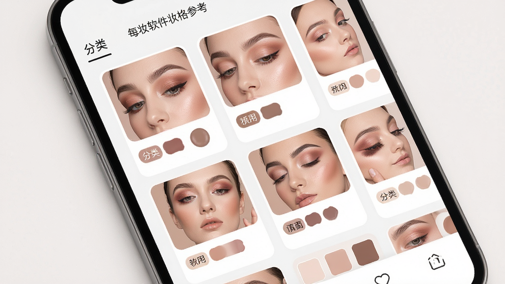 一张每妆软件妆容风格参考页面示意图,画面主体为手机界面中排列多组妆容风格卡片与色卡,布局为网格状卡片陈列,排版规整,风格为柔和清新的美妆杂志风,细节包括妆容缩略图、色块标签与分类导航栏,画质高清、干净、无多余元素