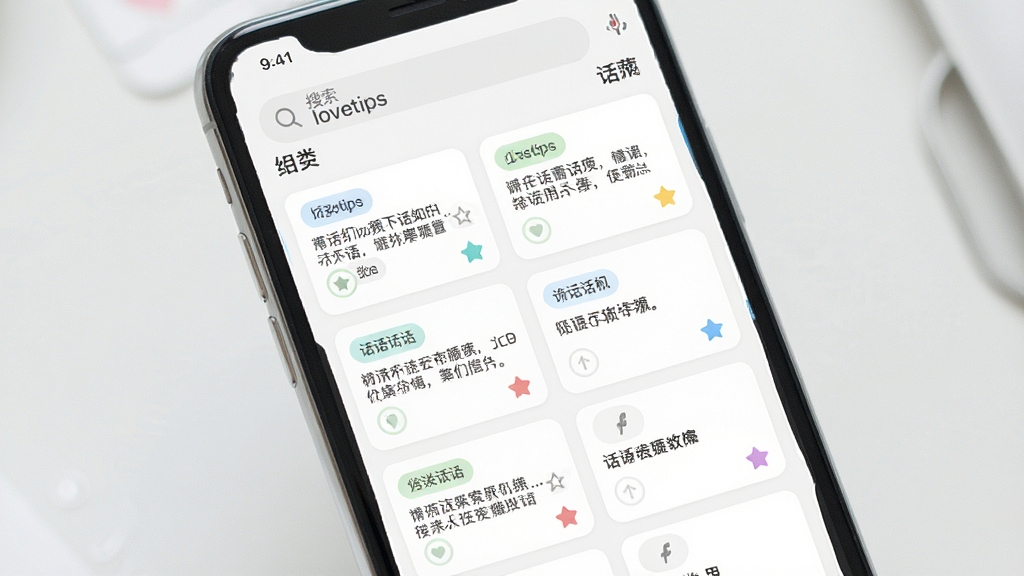 一张展示“lovetips”话术模板库的手机应用截图风格图,主体为手机屏幕内排列整齐的话术卡片分类,布局为顶部搜索栏加下方多行卡片列表,排版采用网格与列表结合,风格清新简约,细节包含分类标签、话术摘要文字、收藏按钮,画质高清,干净,无多余元素