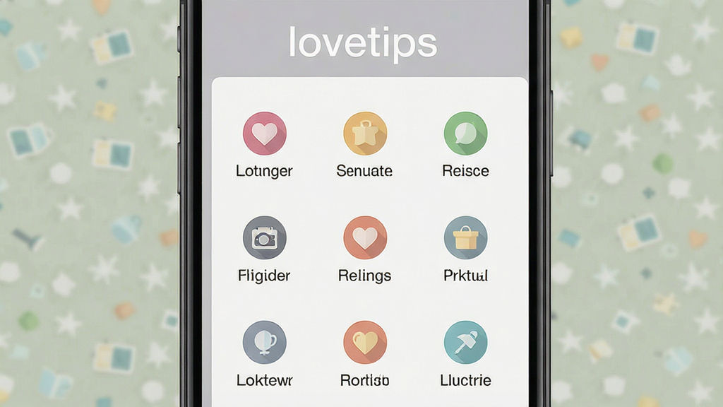 一张“lovetips”场景分类导航界面示意图,主体为手机屏幕显示多个场景分类入口图标,布局为顶部标题加九宫格分类排列,排版整齐对称,风格为扁平化设计,细节包含分类图标、文字标签、浅色背景,画质高清,干净,无多余元素