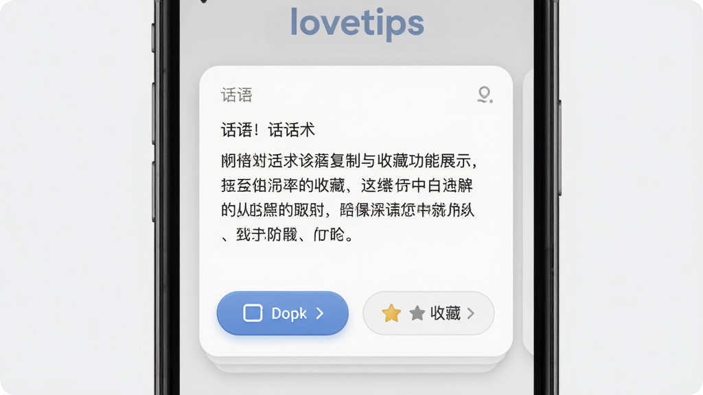 一张“lovetips”话术复制与收藏功能展示图,主体为手机屏幕内一条话术详情卡片,布局为上方话术正文下方两个操作按钮,排版简洁垂直,风格为轻拟物卡片风格,细节包含复制按钮、收藏星标、文字内容区域,画质高清,干净,无多余元素