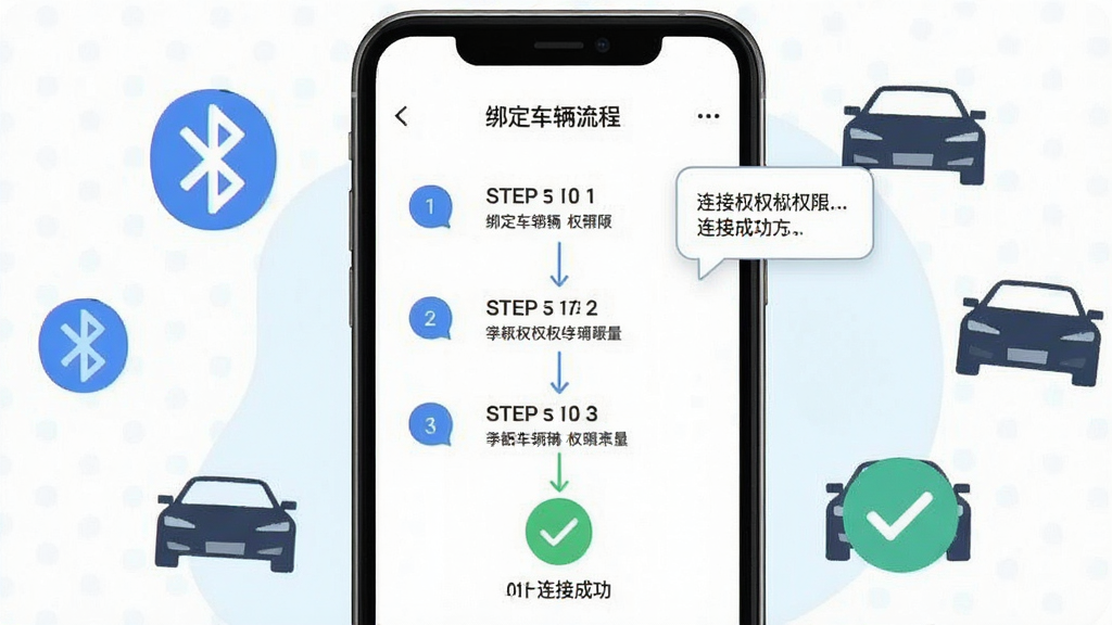 一张安酷拉APP新手指引页面示意图,画面主体是手机屏幕显示绑定车辆的分步引导流程,布局为手机居中、周围环绕蓝牙图标与车辆轮廓,风格为清新扁平插画,细节包含步骤序号、权限提示气泡、连接成功对勾,画质清晰,干净无多余元素