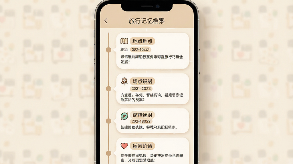�ֻ�Ӧ�ý���չʾ���м��䵵��ҳ�棬����Ϊ�������е�ʱ���߿�Ƭ�б���ÿ�ſ�Ƭ�����ص����ơ����ڱ�ǩ��һ�����ֱ�ע������Ϊ�������������·������б������Ϊ��ů����ϵ��ƣ�ϸ�ڰ�����ƬԲ�ǡ�ǳ��ɫ���������ʱ�����������Ӹ���Ƭ����Ƭ��Сͼ���׺����������������ɾ����޶���Ԫ��