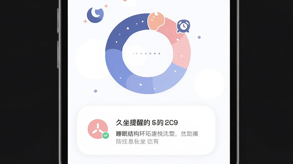 主体为手机界面展示睡眠结构环形图与久坐提醒弹窗,布局为上方图表下方提醒卡片,排版上下结构清晰,风格为柔和浅色健康风插画,细节包含月亮图标、深浅睡眠色块与闹钟小标识,画质干净高清无多余元素