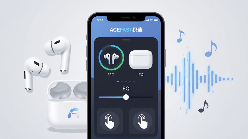 画面中央放置一部智能手机,屏幕显示ACEFAST积速应用主界面,界面内有耳机与充电仓的电量圆环、EQ调节滑块和触控手势图标;手机左侧摆放一副白色入耳式耳机与充电仓,右侧点缀淡蓝色声波线条与音符元素;整体采用浅灰渐变背景,布局简洁居中,风格为现代科技感扁平插画,细节干净无杂乱,画质清晰明亮,画面中文字为“ACEFAST积速”,干净无多余元素