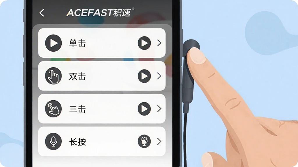 手机屏幕展示ACEFAST积速手势设置页面,页面内列有单击、双击、三击、长按四个选项,每个选项旁配有对应功能图标如播放键、下一曲箭头、麦克风等;画面右侧一只手正用食指轻点耳机柄部,背景为浅蓝色调,风格为扁平化功能说明插画,布局左屏右手势,细节清晰,画质干净,画面中文字为“ACEFAST积速”,无多余元素