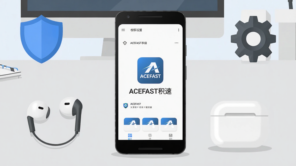 一部安卓手机放置在桌面,屏幕显示ACEFAST积速的应用界面,手机旁边摆放耳机与充电仓,画面左上角有一个蓝色盾牌图标代表权限设置,右上角有一个齿轮图标代表系统优化;背景为浅灰色办公桌面简化插画,风格为教程说明类扁平图,布局手机居中、图标分列两侧,细节清晰,画质干净,画面中文字为“ACEFAST积速”,无多余元素