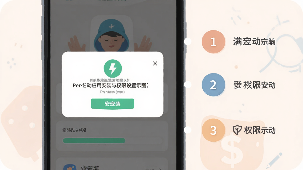 满分运动应用安装与权限设置示意图,画面为手机屏幕显示权限授权弹窗和应用安装进度条,旁边配有简洁的步骤编号标识,风格扁平化插画,布局清晰,配色柔和,细节明确,画质干净