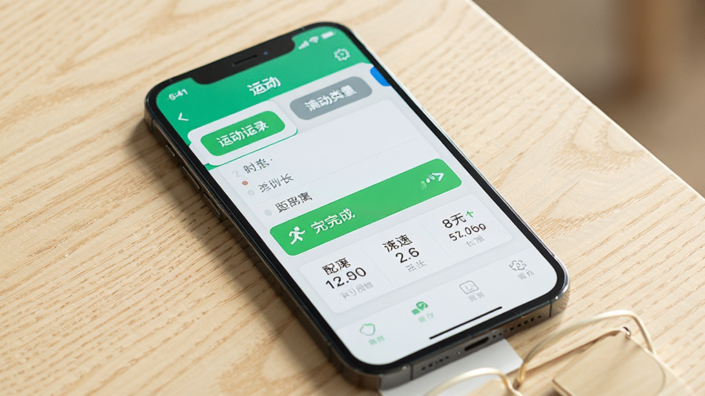 满分运动应用内运动记录页面展示图,画面为一部手机特写,屏幕中显示运动类型选择列表和一条已完成跑步记录卡片,卡片上有距离、时长、配速数据,背景为浅色木质桌面,风格清爽自然,细节丰富,画质干净