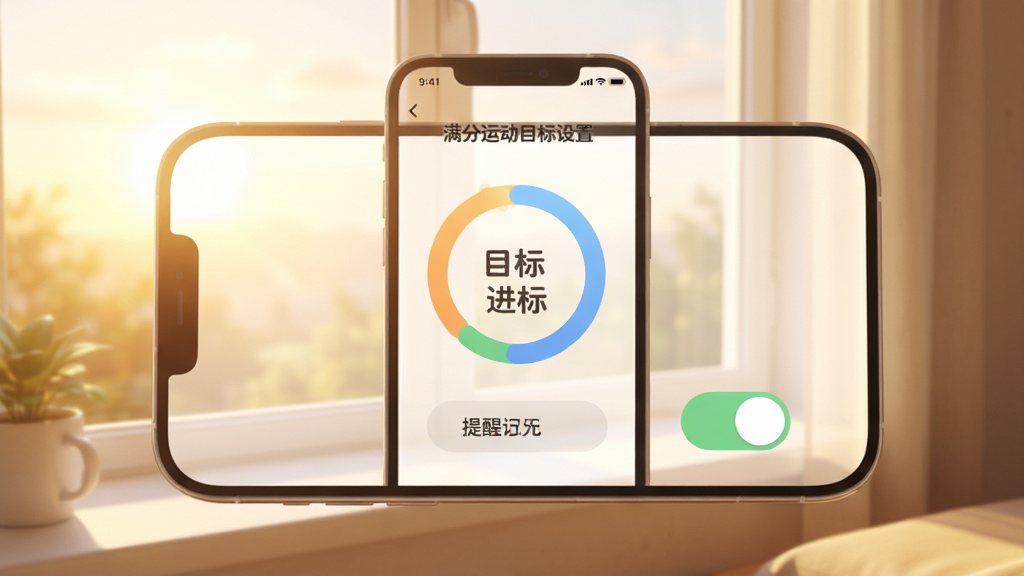 满分运动目标设置界面渲染图,手机屏幕显示目标进度环和提醒开关选项,界面元素圆润友好,背景为清晨窗边光线,风格温暖清新,布局简洁,细节清晰,画质干净,无多余元素