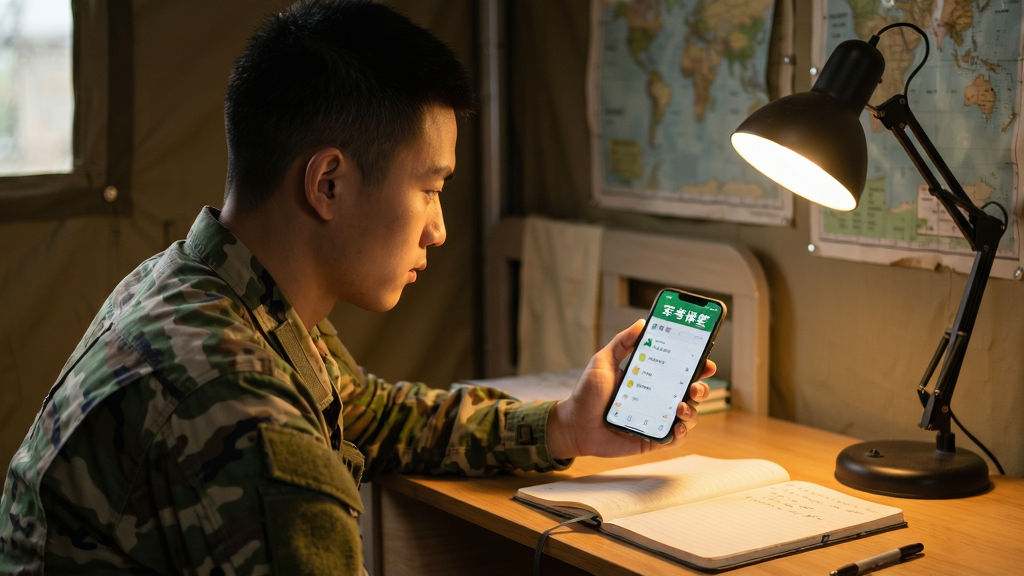 主体为一名身穿迷彩服的年轻士兵坐在营房书桌前,手持手机使用