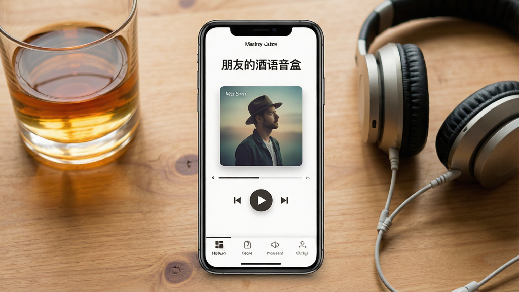 一张展示手机应用界面的预览图,画面中央放置一部竖屏智能手机,屏幕内显示名为“朋友的酒语音盒”的软件主界面,界面顶部有软件名称文字,中部为歌曲封面与播放按钮,底部为功能菜单栏,整体采用暖色调木质桌面背景,旁边点缀一杯酒与耳机,风格写实清晰,画质干净明亮,无多余元素