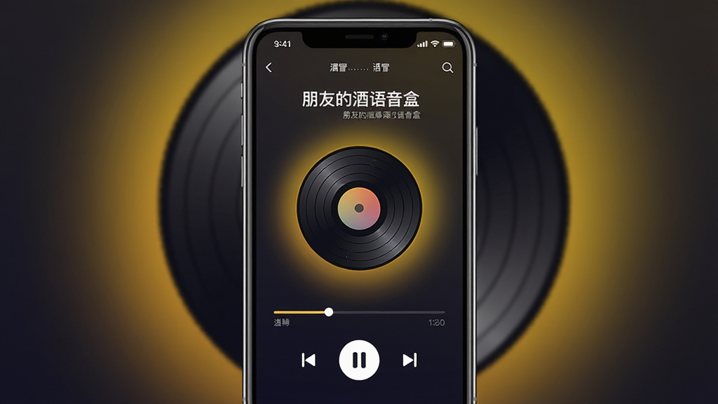 一张手机音乐播放界面的AI生图,画面主体为竖屏手机屏幕,屏幕中显示“朋友的酒语音盒”的播放页面,包含歌曲标题文字、圆形唱片封面、播放进度条与控制按钮,背景为深色渐变配暖黄光晕,布局简洁居中,风格现代扁平化,细节清晰,画质干净,无多余元素