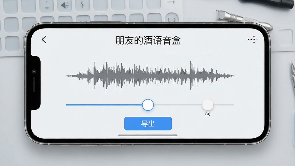 一张展示铃声制作功能的界面图,画面为手机横屏操作界面,标注“朋友的酒语音盒”文字,界面中央显示音频波形与截取滑块,下方有导出按钮,背景为浅灰工作台风格,布局清晰有序,风格简约科技感,画质干净明亮,无多余元素