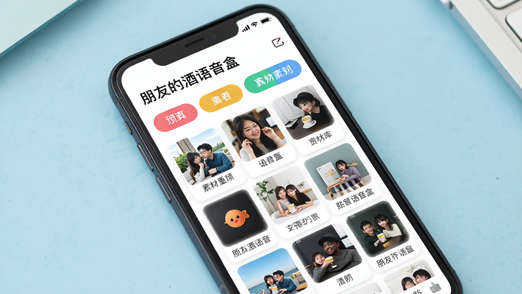 一张展示素材分类列表的手机界面图,画面中手机屏幕显示“朋友的酒语音盒”的素材库页面,分为多个彩色分类标签与缩略图列表,背景为淡蓝色桌面,布局整齐,风格清新明快,细节清晰,画质干净,无多余元素