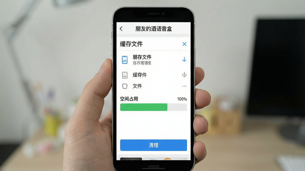 一张展示缓存管理页面的手机截图风格图,画面为竖屏手机界面,顶部显示“朋友的酒语音盒”文字,中部为缓存文件列表与空间占用条,底部有清理按钮,背景为纯白极简风格,布局规整,画质干净清晰,无多余元素