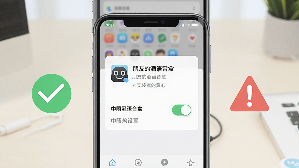 一张展示手机安装权限设置界面的示意图,画面为竖屏手机屏幕,显示“朋友的酒语音盒”安装提示与权限开关,旁边配有对勾与警示图标,背景为浅色办公桌面,布局清晰,风格扁平化说明图,细节干净,画质明亮,无多余元素