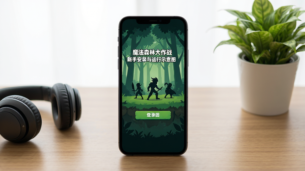 魔法森林大作战新手安装与运行示意图,主体是一部智能手机屏幕显示游戏登录界面,布局为手机居中放置于木质桌面,排版上四周留有空白突出设备,风格为简洁数码产品展示风,细节包括屏幕上的森林背景与角色剪影、桌面旁的耳机与绿植点缀,画质清晰干净,画面中不出现复杂文字,整体无多余元素