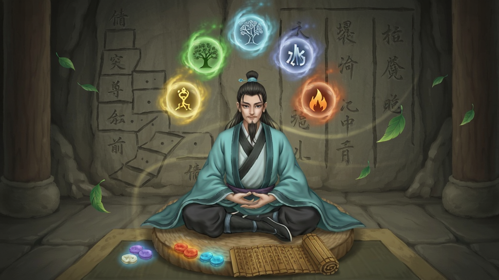 画面主体为一名身着青衫的修仙者盘坐于洞府蒲团之上,头顶悬浮着旋转的五行灵根光球,分别呈现金木水火土五种颜色,身前摆放着数枚散发微光的丹药与一卷展开的功法竹简,背后石壁上刻有境界突破的阶梯式图谱,布局以人物居中、灵根环绕、丹药竹简分列两侧,风格为细腻的国风工笔插画,细节包含洞府石纹、灵气光晕与飘落的灵叶,画质高清干净,画面中不出现任何文字