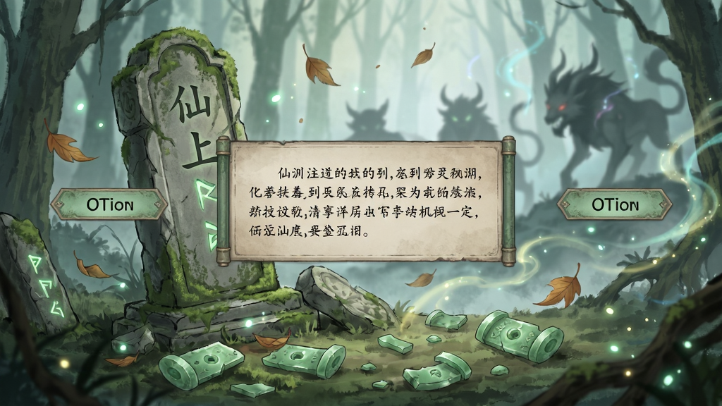 画面主体为一幅横向展开的仙侠事件抉择界面,中央是一段古风叙事文字框,左右两侧各有一个选项按钮,背景描绘着密林深处一座半塌的上古石碑与散落在地的破碎玉简,远处有模糊的妖兽剪影与飘散的灵气雾气,布局为文字框居中、选项分列、背景铺满,风格为水墨淡彩国风插画,细节包含苔藓覆盖的石纹、飘落的枯叶与隐约的符文光点,画质高清干净,画面中不出现任何文字