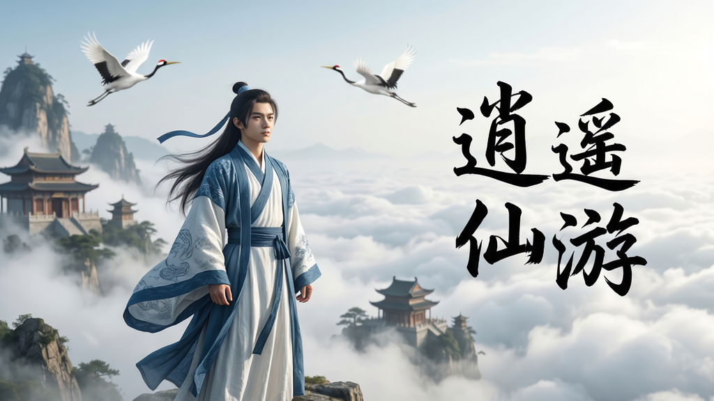 画面主体是一位身着青白色道袍的年轻修行者,站在云雾缭绕的仙山之巅,脚下是翻涌的云海与若隐若现的古老楼阁,远处有仙鹤飞过天际,布局上人物位于画面中下方偏左位置,右侧留白处用飘逸的毛笔字体写着“逍遥仙游”四个字,整体风格为水墨国风与轻写实结合,细节上道袍纹理清晰、云层层次分明、光影柔和自然,画质高清干净,无多余装饰元素