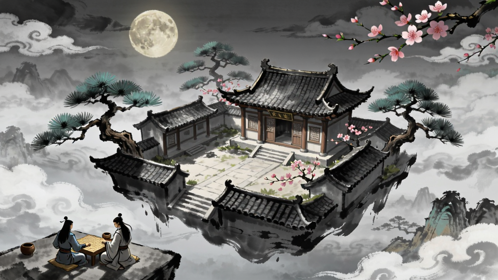 水墨风格的仙侠场景插画,画面中央是一座悬浮在云海之上的古典中式庭院,庭院四周有青松与桃花点缀,天空中一轮淡金色圆月,画面左下角有两位身着古装的修行者正在对弈,整体布局疏密有致,风格为传统水墨画融合现代游戏概念图,细节上庭院瓦片、松针、云纹均清晰可辨,画质细腻干净,画面中无任何文字元素